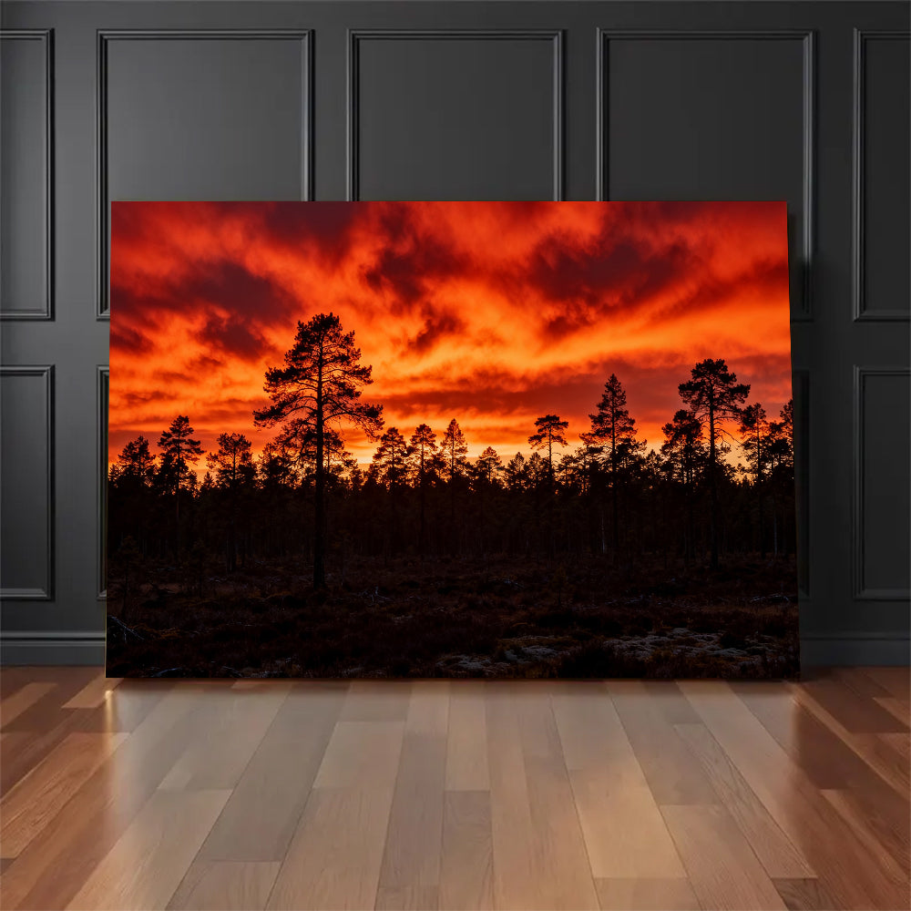 Fiery Pine Horizon canvas wall art, floor display against a dark wall.