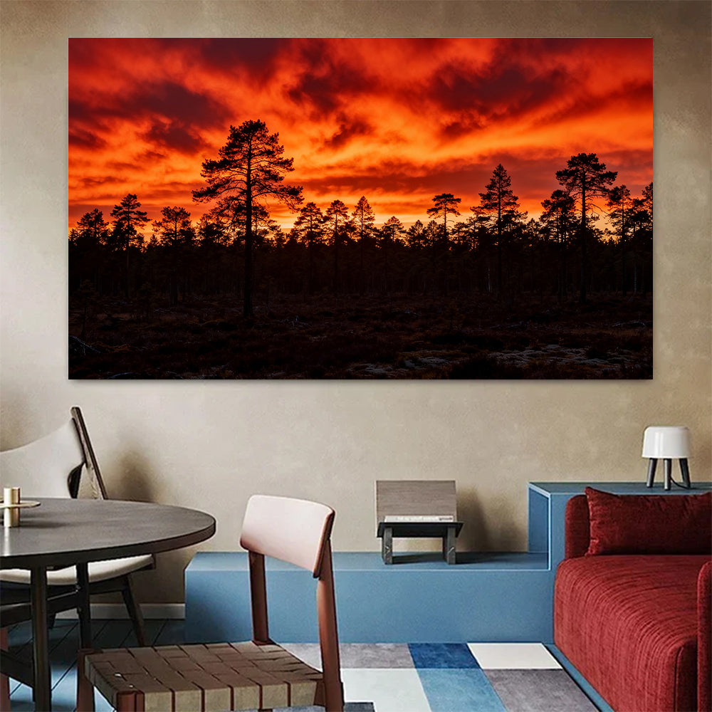 Fiery Pine Horizon canvas wall art, colorful room mockup.