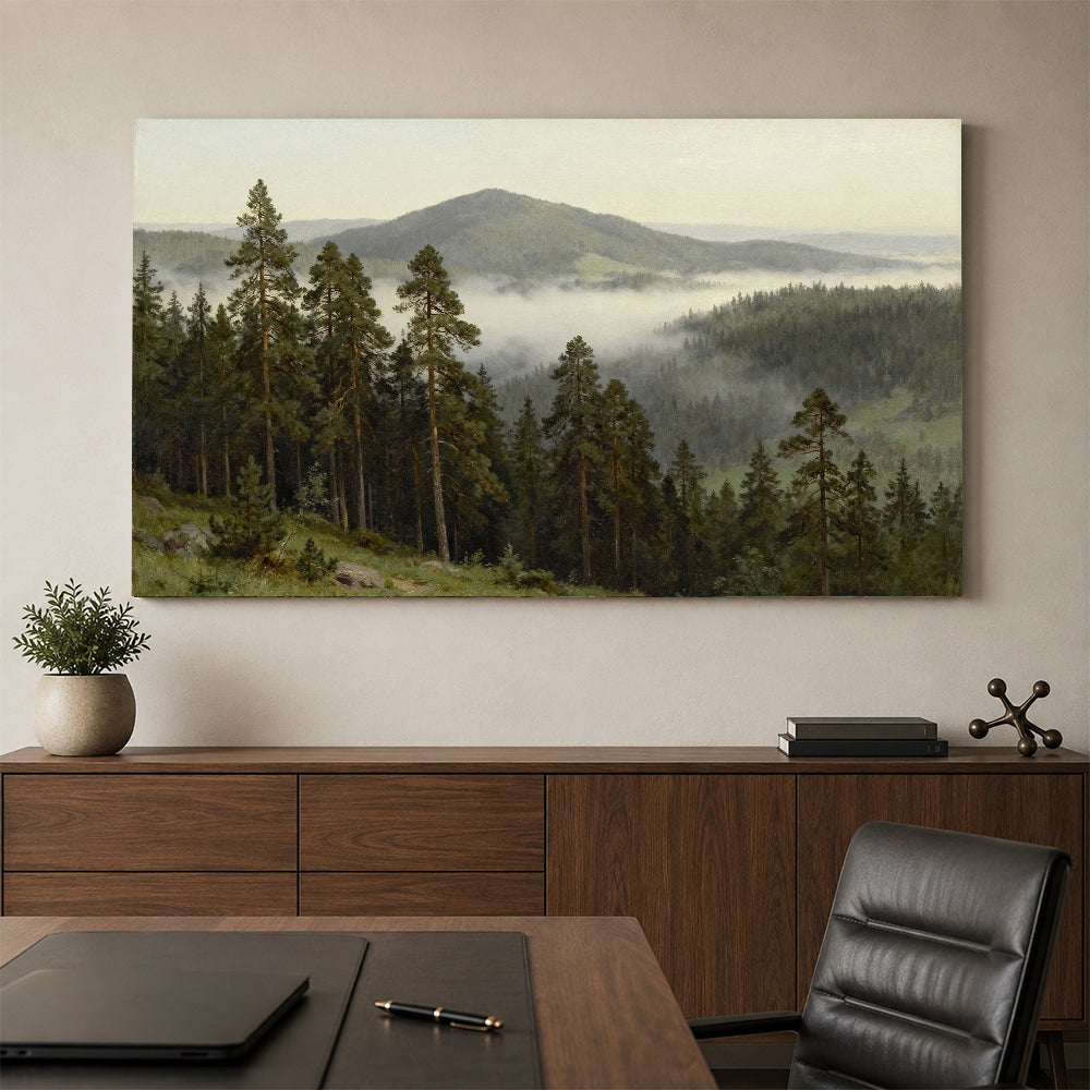 Quiet Misty Foothills canvas wall art, office mockup above a desk.