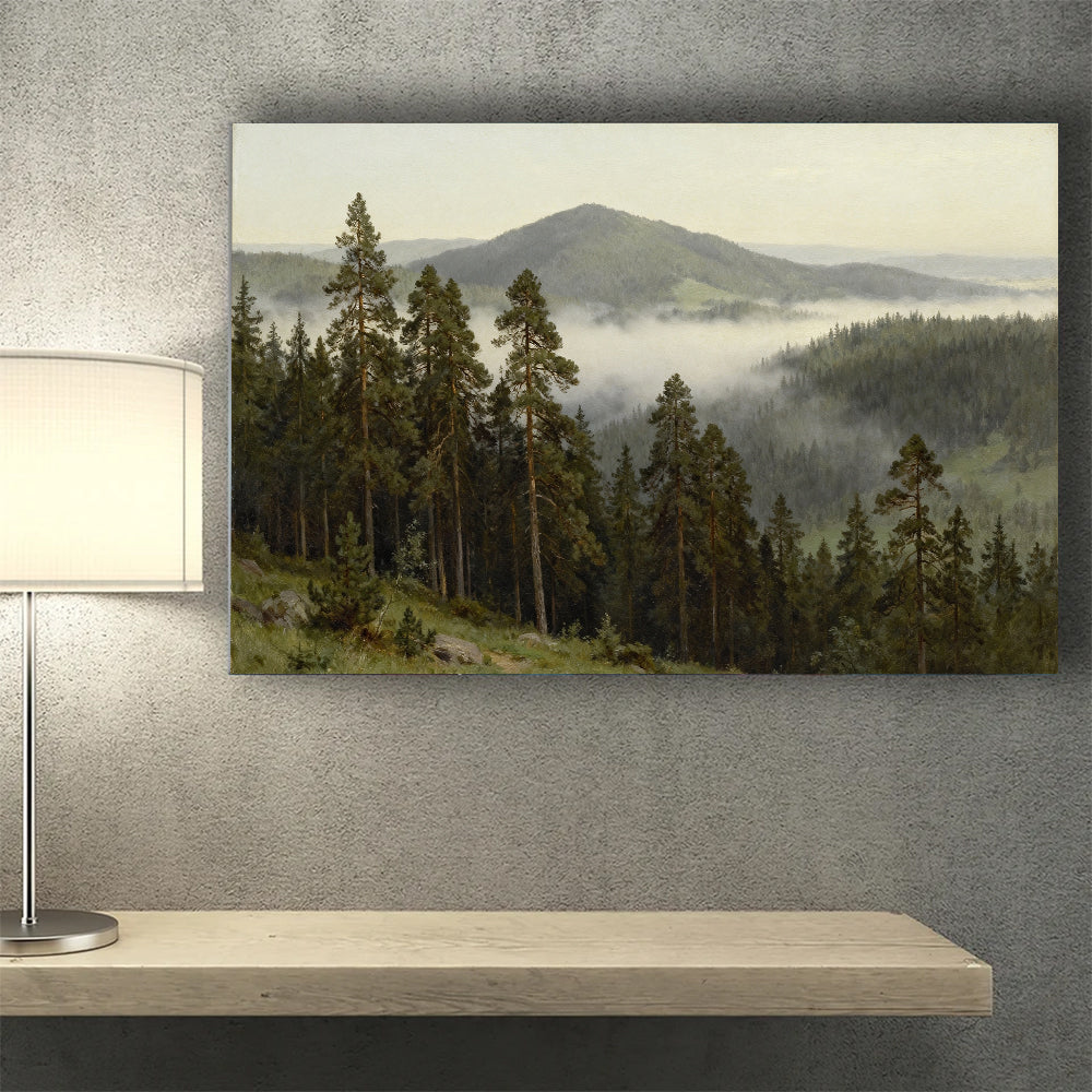 Quiet Misty Foothills canvas wall art, wall mockup above a console.