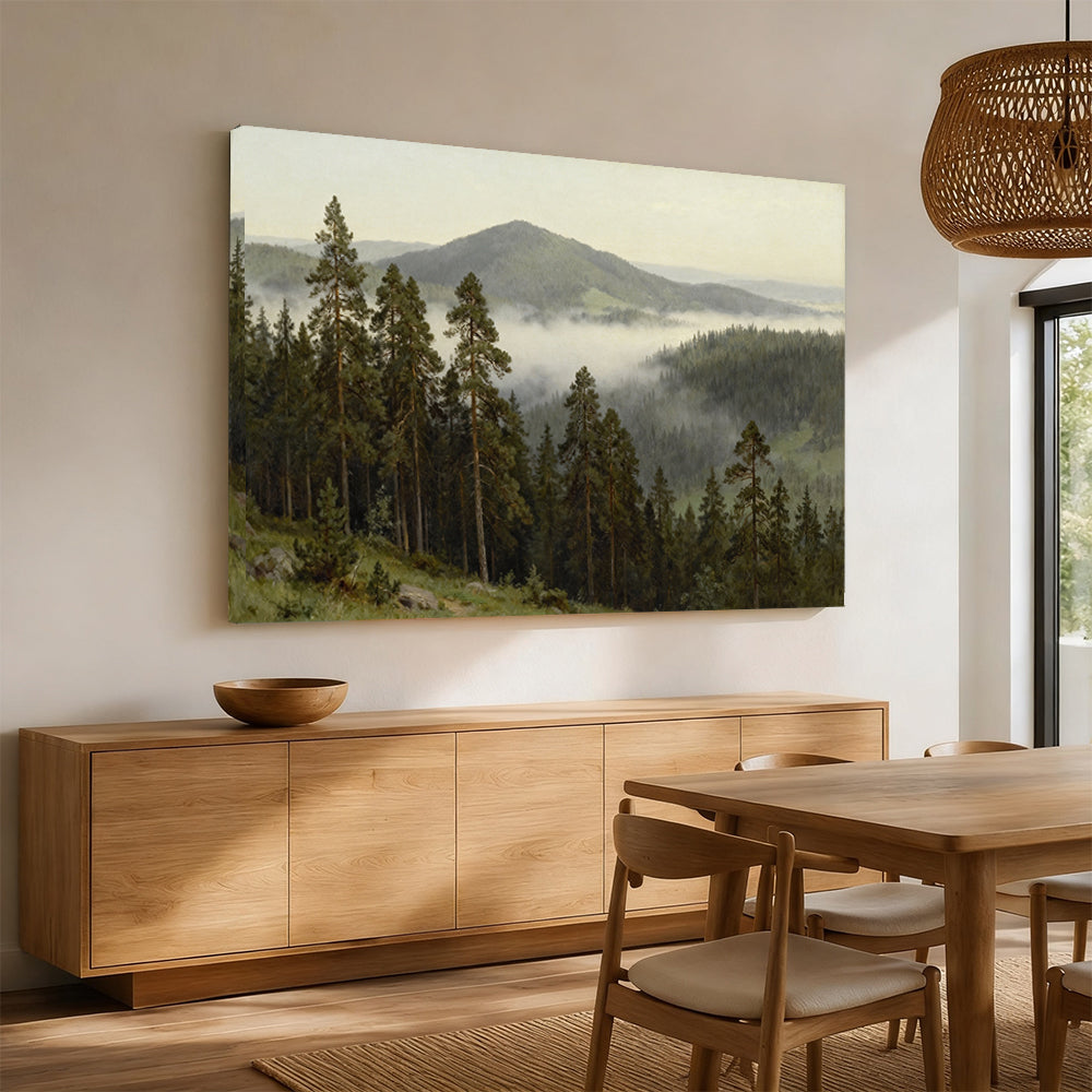 Quiet Misty Foothills canvas wall art, angled mockup above a sideboard.