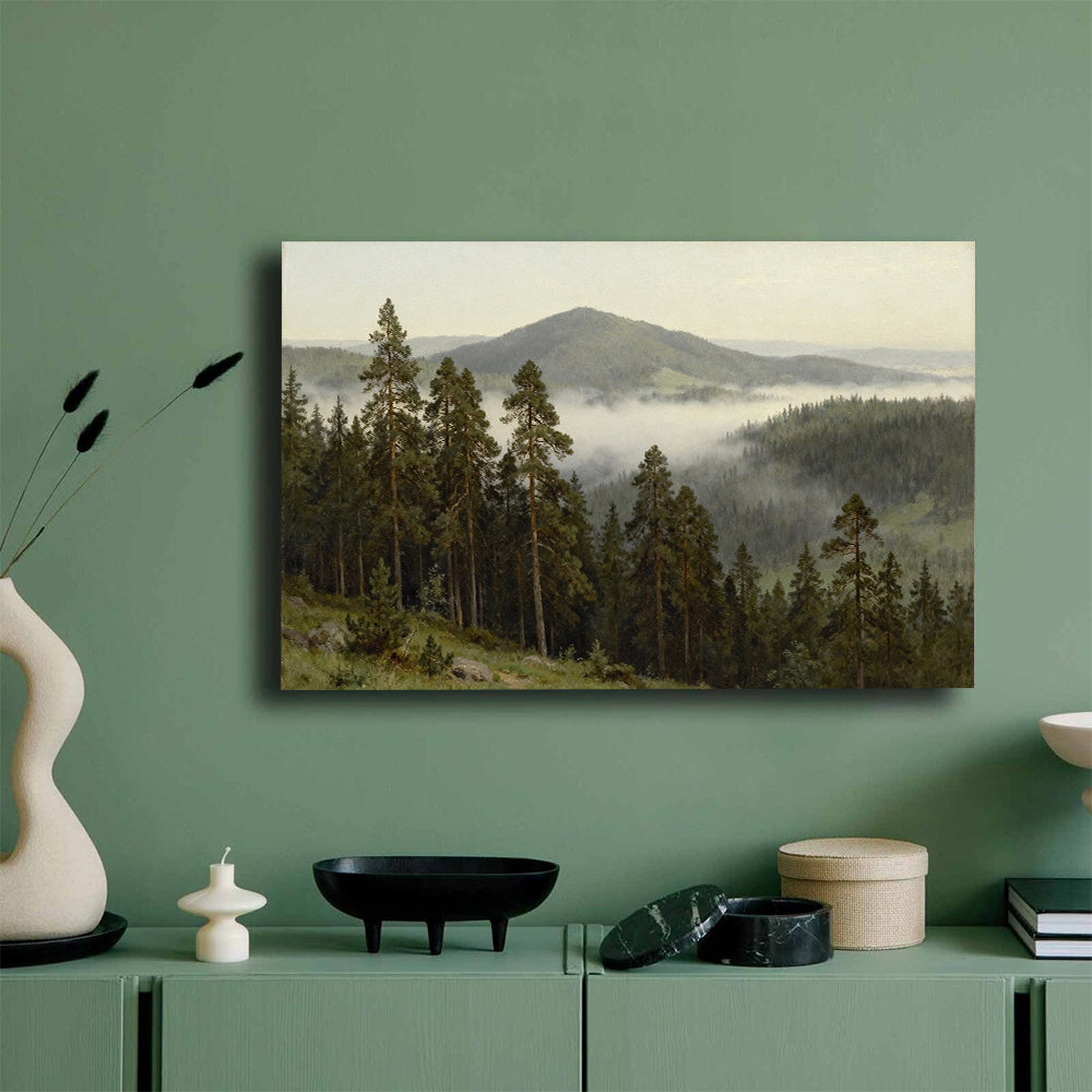 Quiet Misty Foothills canvas wall art, mockup on a green wall.