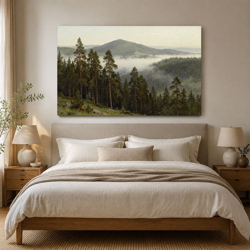 Quiet Misty Foothills canvas wall art, bedroom mockup above a bed.