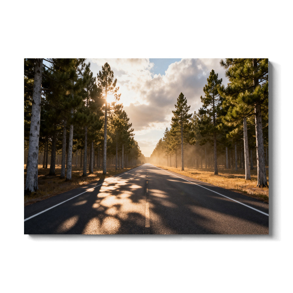 Sunlit Forest Road canvas wall art, front view on a white background.