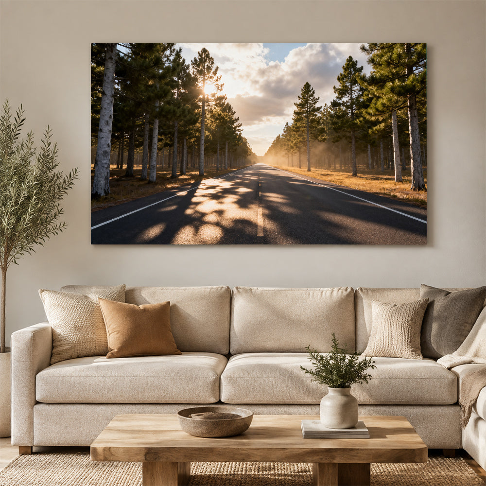 Sunlit Forest Road canvas wall art, living room mockup above a sofa.