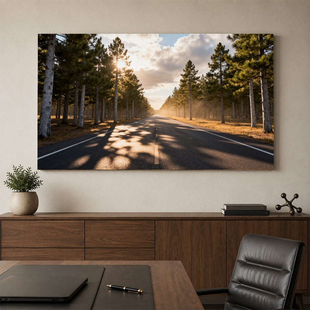 Sunlit Forest Road canvas wall art, office mockup above a desk.