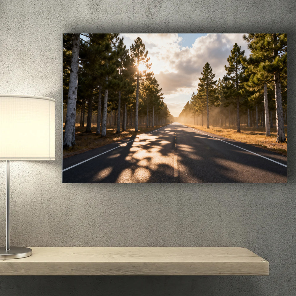 Sunlit Forest Road canvas wall art, wall mockup above a console.