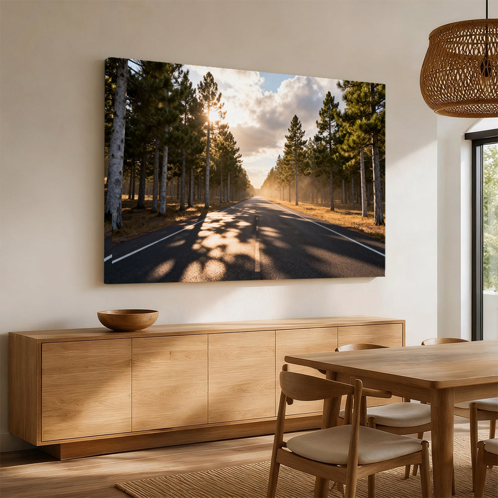 Sunlit Forest Road canvas wall art, angled mockup above a sideboard.
