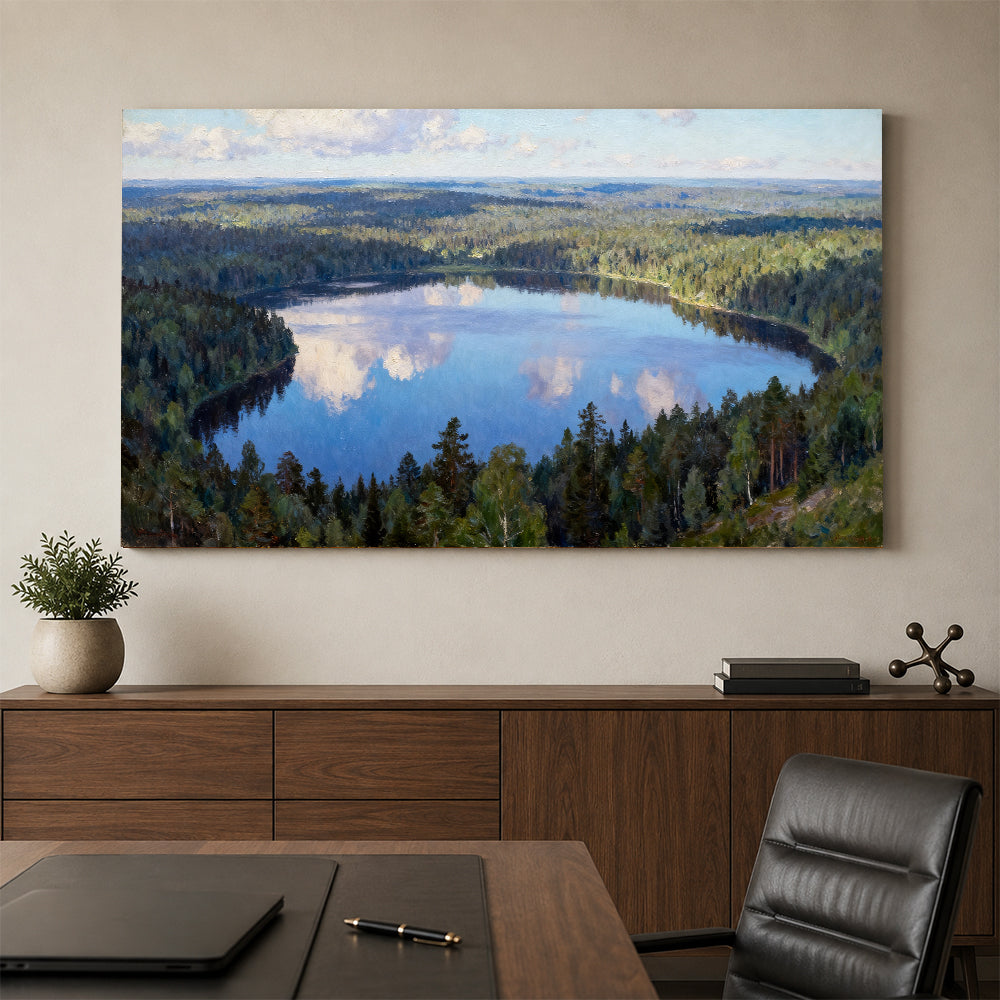 Blue Woodland Mirror canvas wall art, office mockup above a desk.