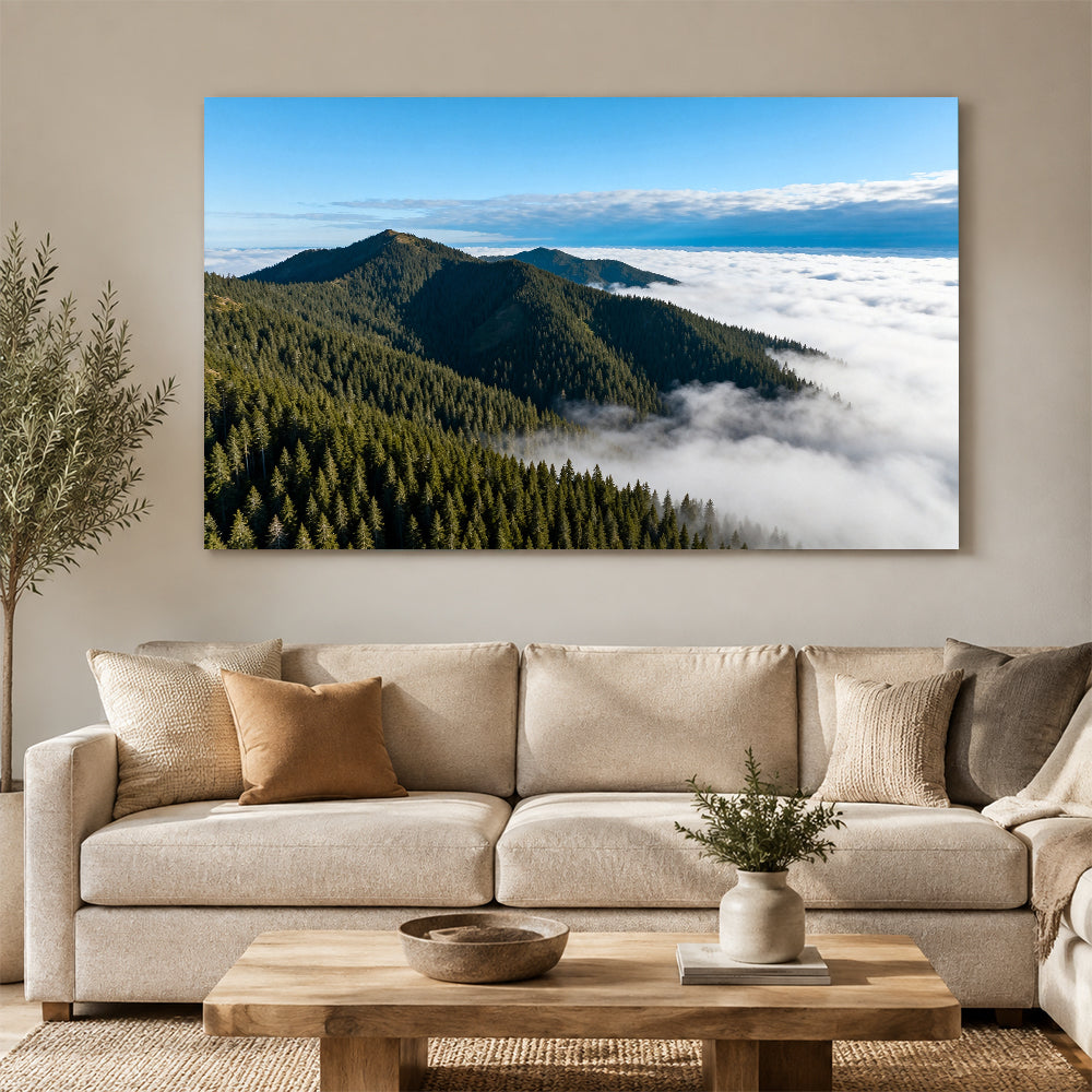 Above the Cloud Forest canvas wall art, living room mockup above a sofa.