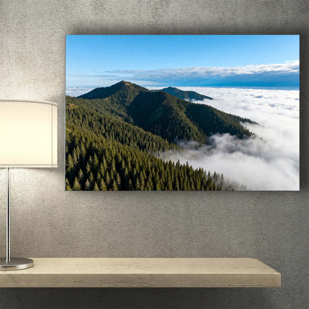 Above the Cloud Forest canvas wall art, wall mockup above a console.