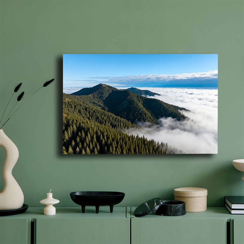 Above the Cloud Forest canvas wall art, mockup on a green wall.