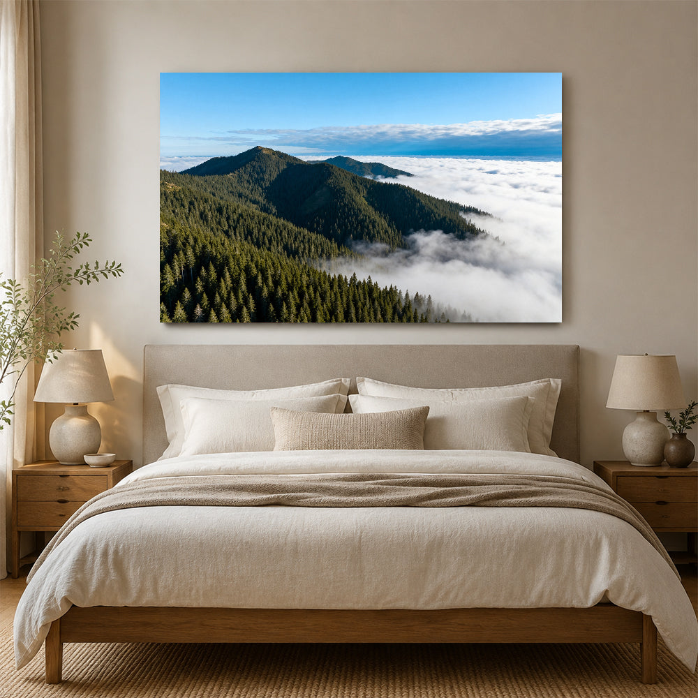 Above the Cloud Forest canvas wall art, bedroom mockup above a bed.