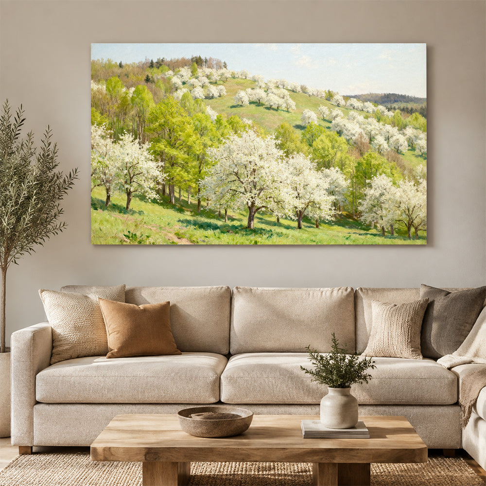 Spring Blossom Hillside canvas wall art, living room mockup above a sofa.