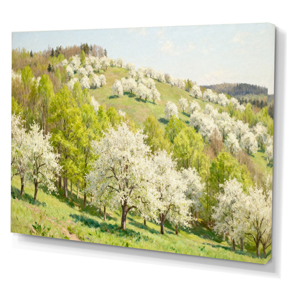 Spring Blossom Hillside canvas wall art, angled canvas mockup on a white background.