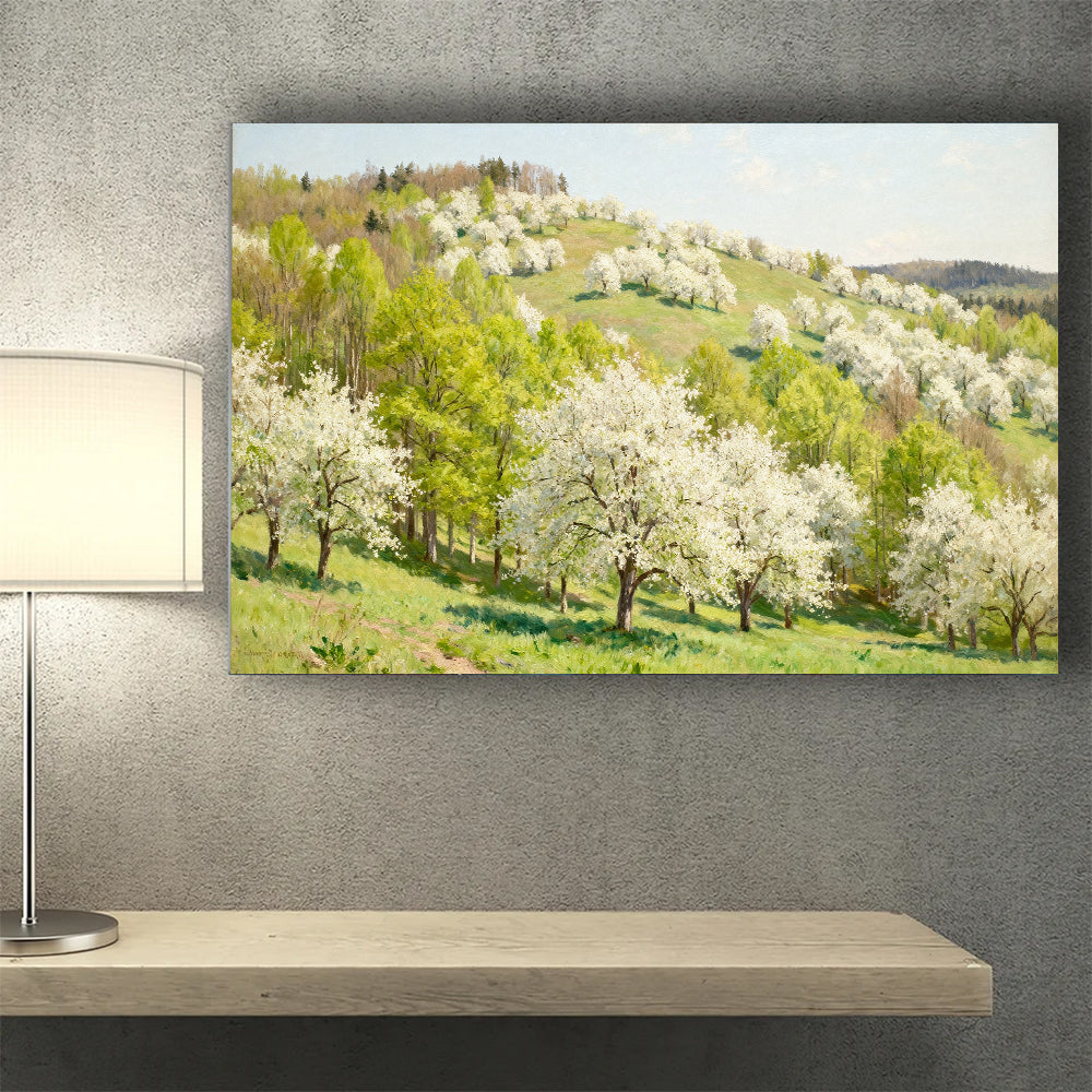 Spring Blossom Hillside canvas wall art, wall mockup above a console.
