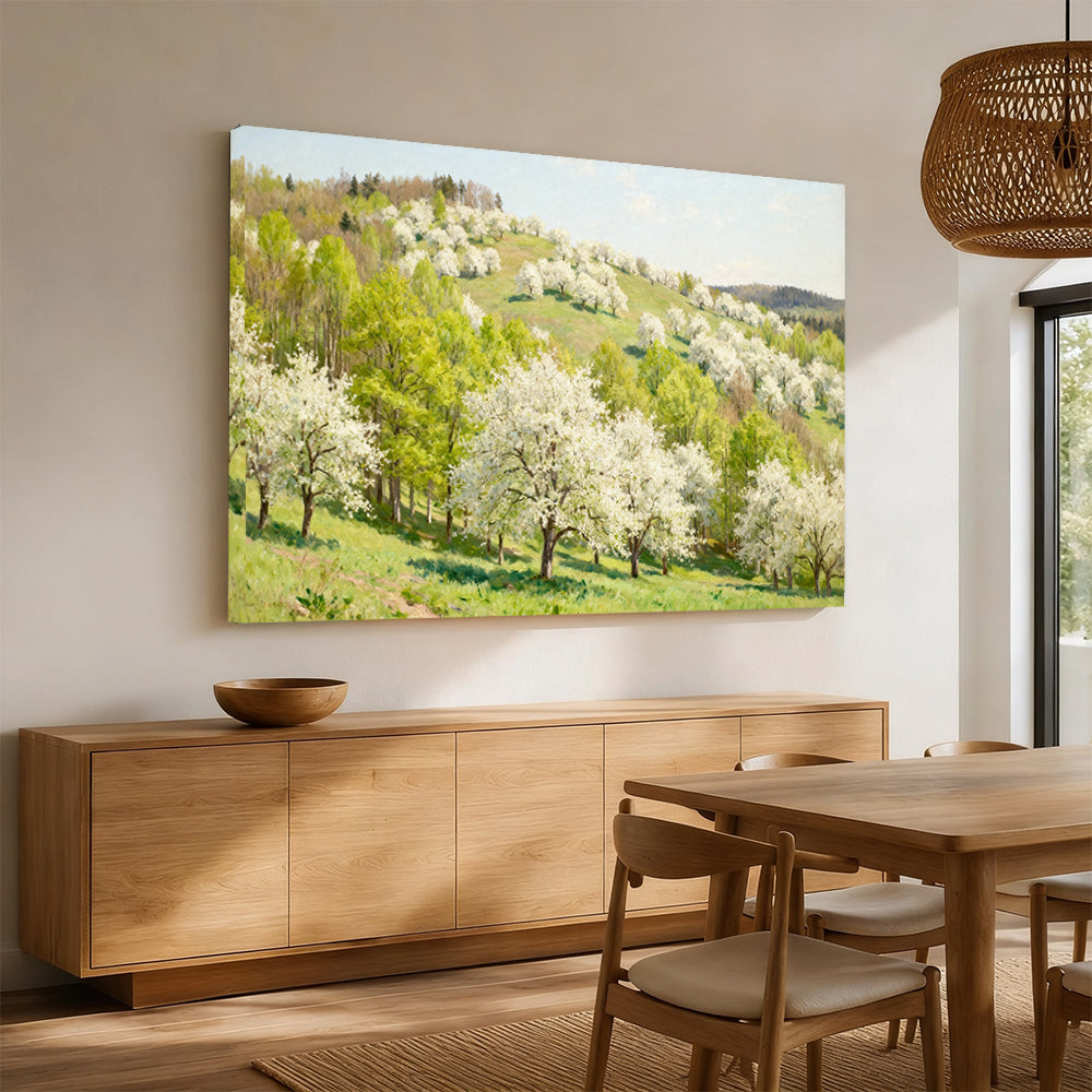 Spring Blossom Hillside canvas wall art, angled mockup above a sideboard.