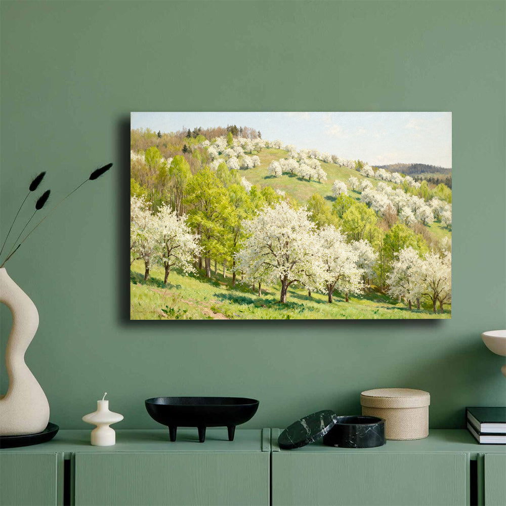 Spring Blossom Hillside canvas wall art, mockup on a green wall.