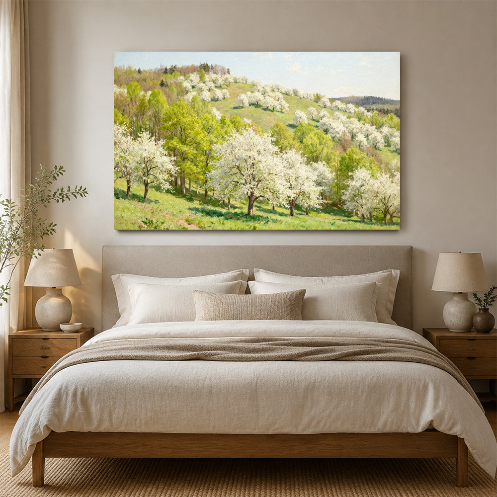 Spring Blossom Hillside canvas wall art, bedroom mockup above a bed.