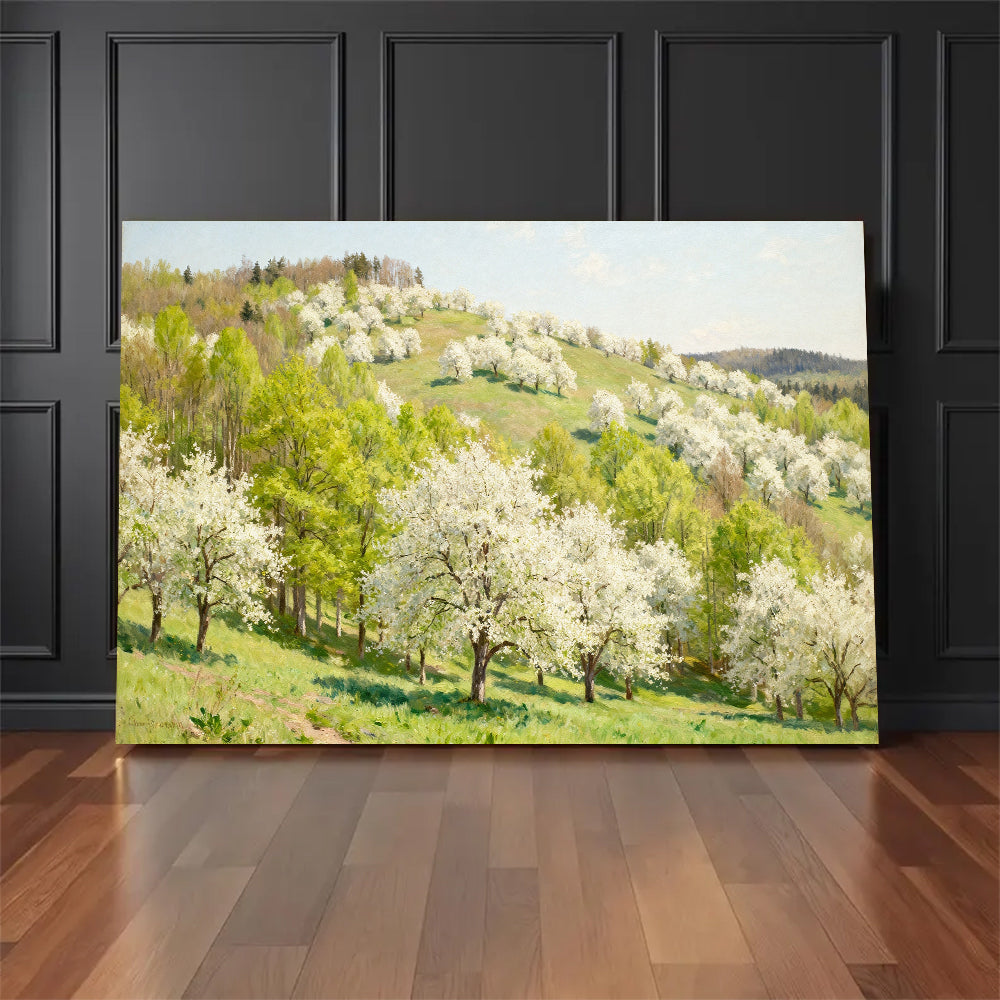 Spring Blossom Hillside canvas wall art, floor display against a dark wall.