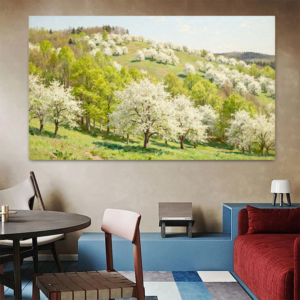 Spring Blossom Hillside canvas wall art, colorful room mockup.