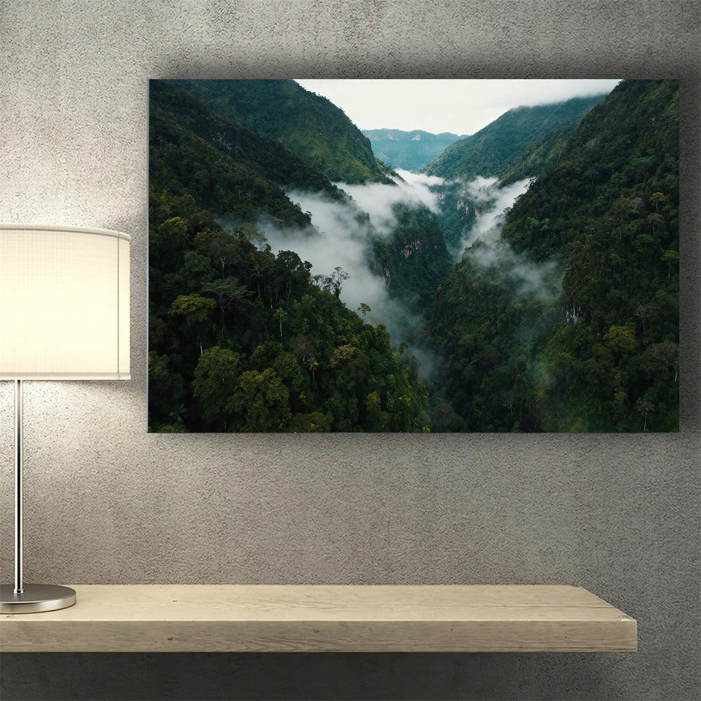 Clouds Through Green Valley canvas wall art, wall mockup above a console.
