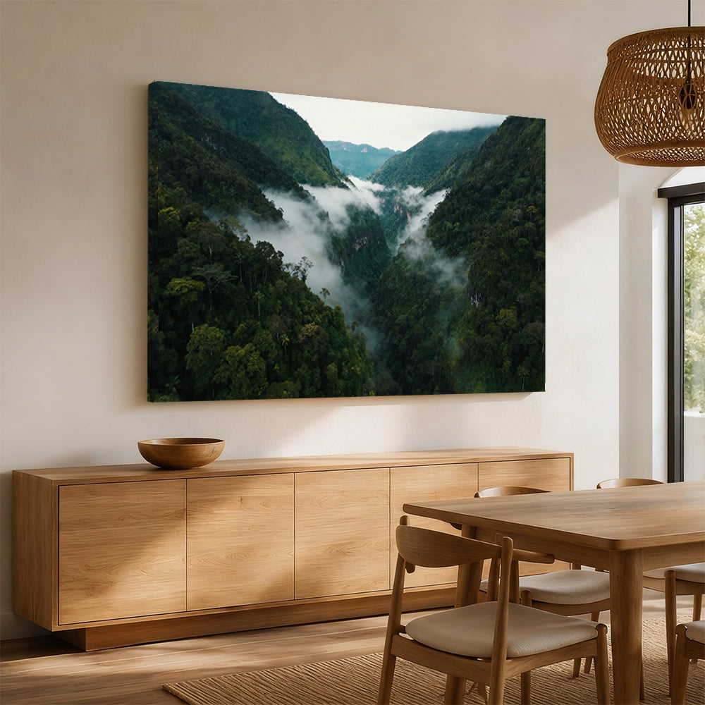 Clouds Through Green Valley canvas wall art, angled mockup above a sideboard.