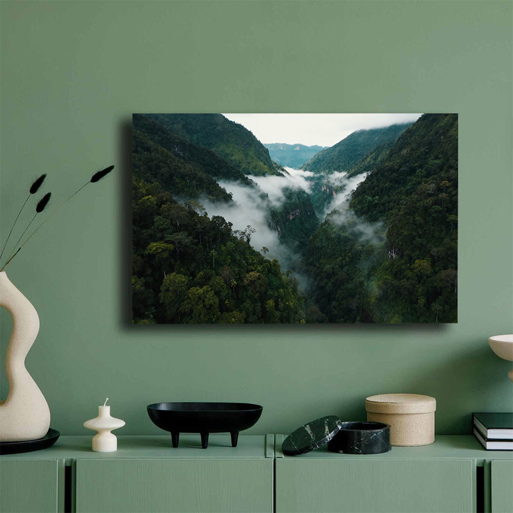 Clouds Through Green Valley canvas wall art, mockup on a green wall.
