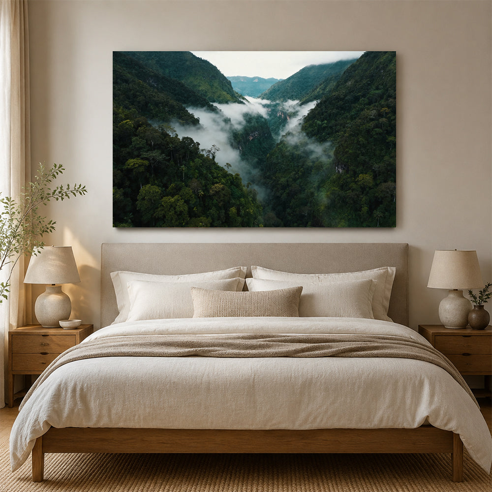 Clouds Through Green Valley canvas wall art, bedroom mockup above a bed.