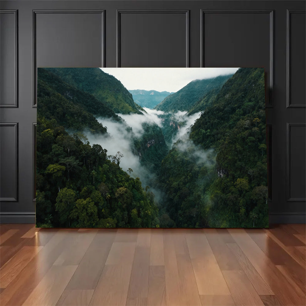 Clouds Through Green Valley canvas wall art, floor display against a dark wall.