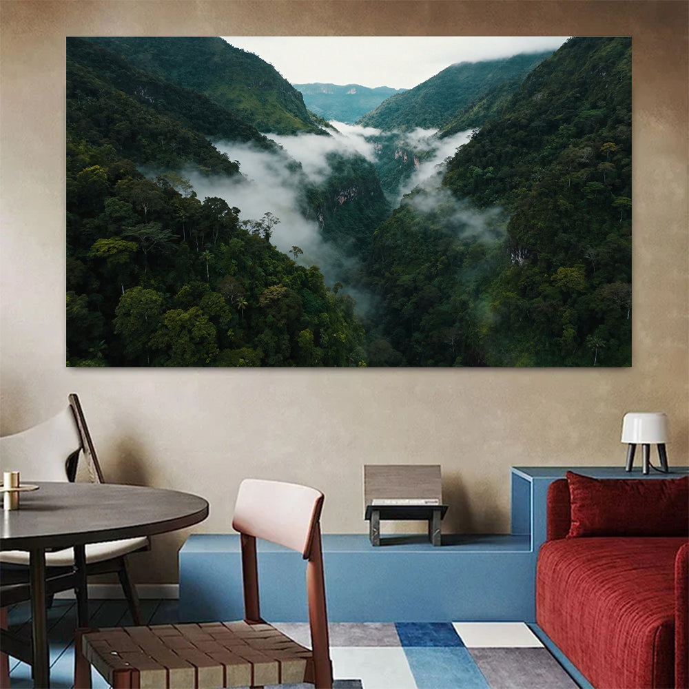 Clouds Through Green Valley canvas wall art, colorful room mockup.