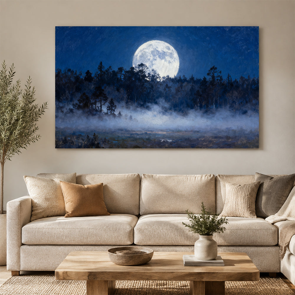 Moonlit Forest Clearing canvas wall art, living room mockup above a sofa.