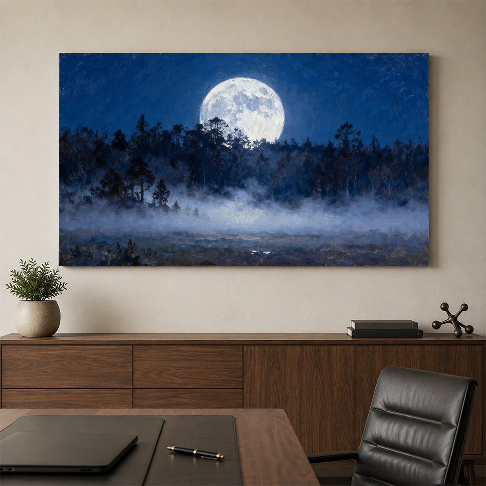 Moonlit Forest Clearing canvas wall art, office mockup above a desk.