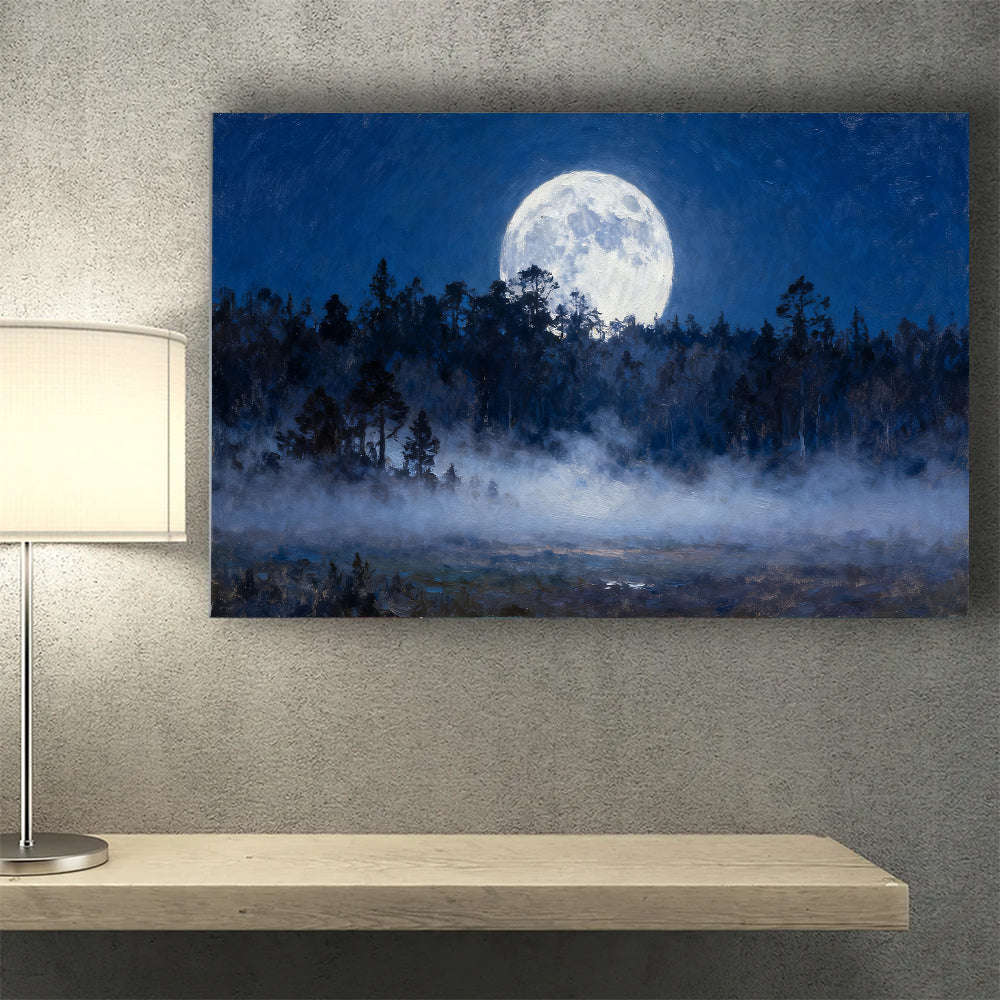 Moonlit Forest Clearing canvas wall art, wall mockup above a console.