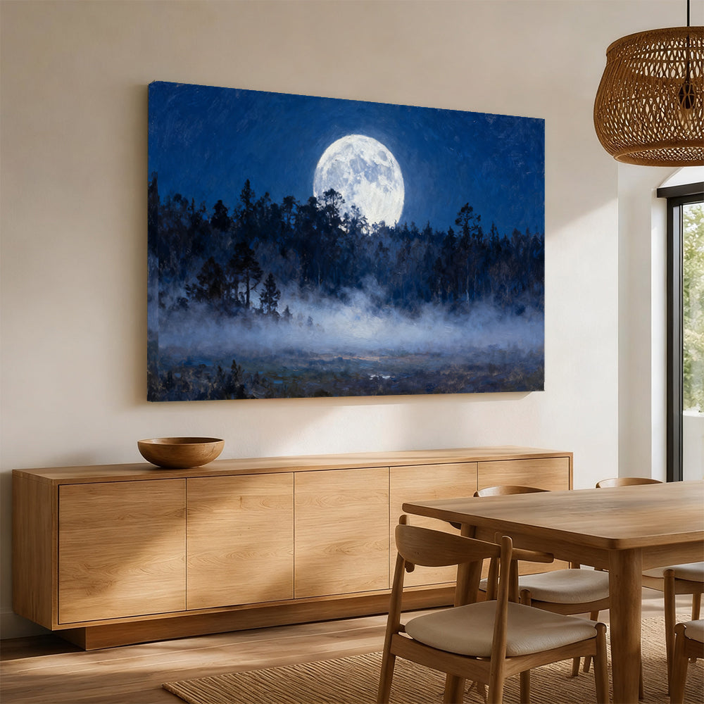 Moonlit Forest Clearing canvas wall art, angled mockup above a sideboard.