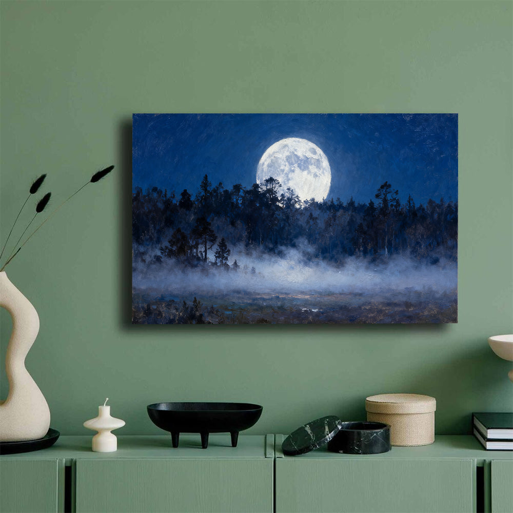 Moonlit Forest Clearing canvas wall art, mockup on a green wall.