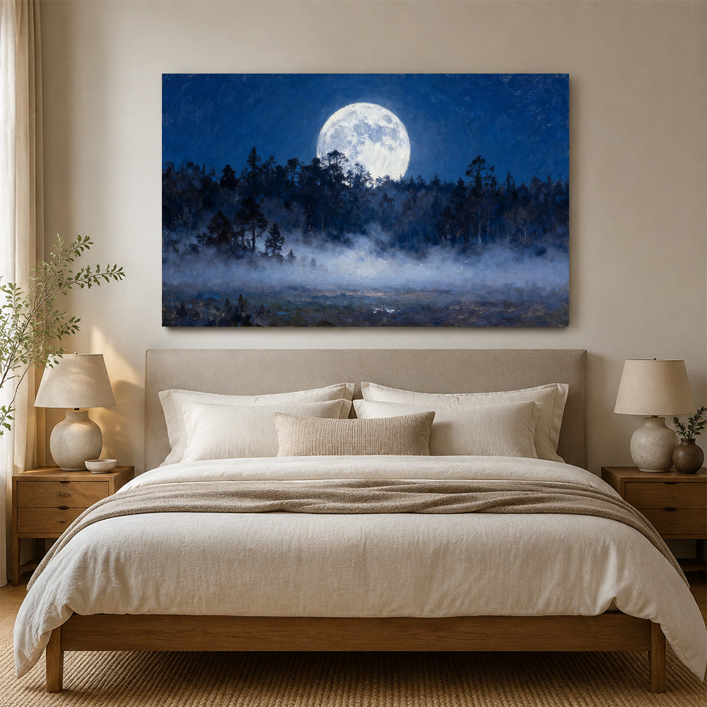 Moonlit Forest Clearing canvas wall art, bedroom mockup above a bed.