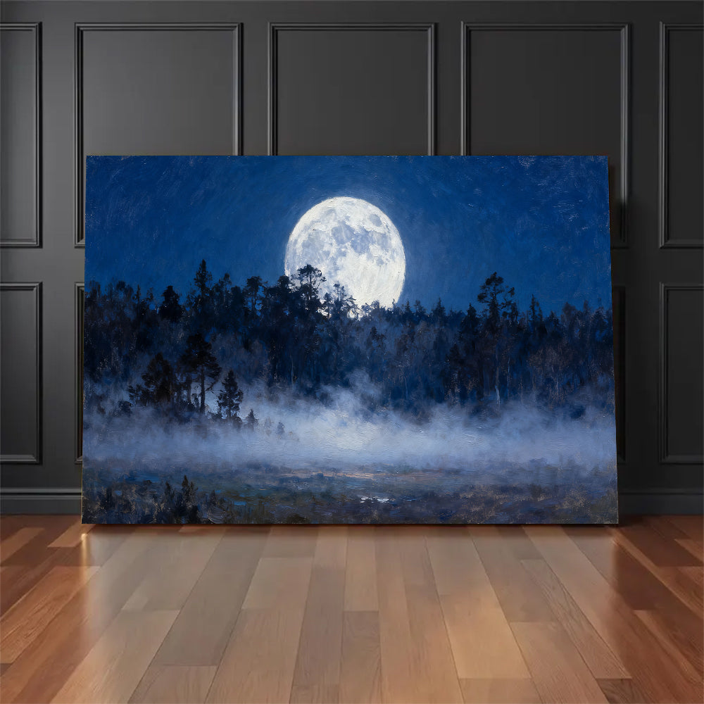 Moonlit Forest Clearing canvas wall art, floor display against a dark wall.