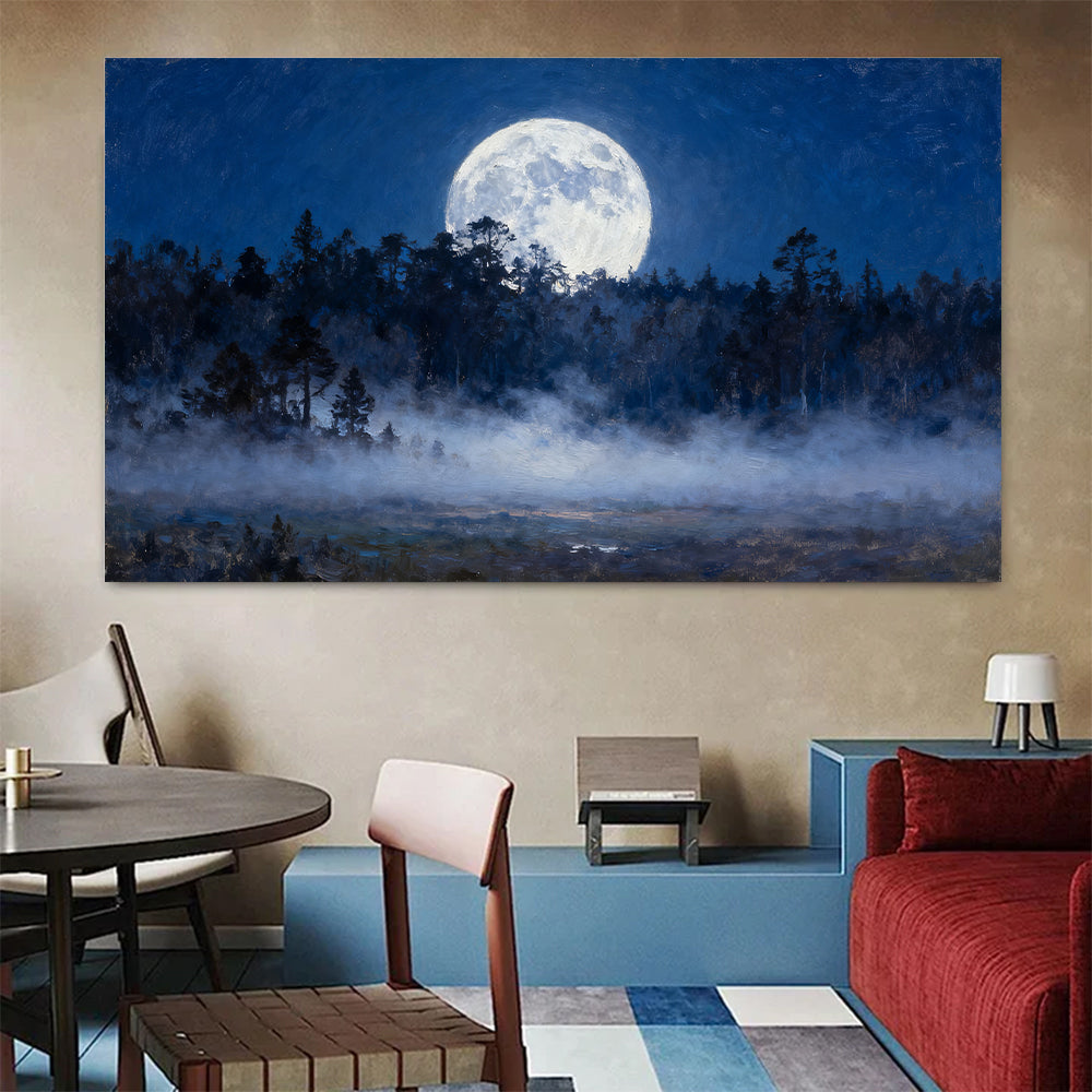 Moonlit Forest Clearing canvas wall art, colorful room mockup.