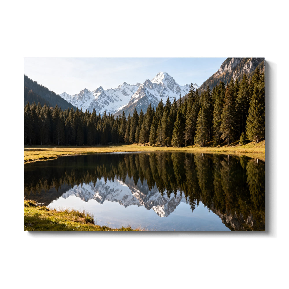 Alpine Lake Reflection canvas wall art, front view on a white background.