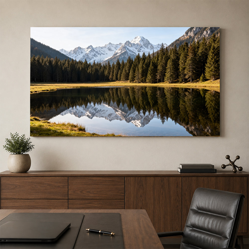 Alpine Lake Reflection canvas wall art, office mockup above a desk.