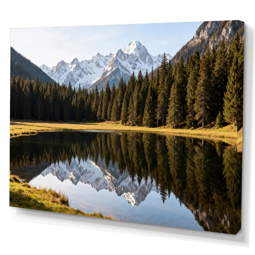 Alpine Lake Reflection canvas wall art, angled canvas mockup on a white background.