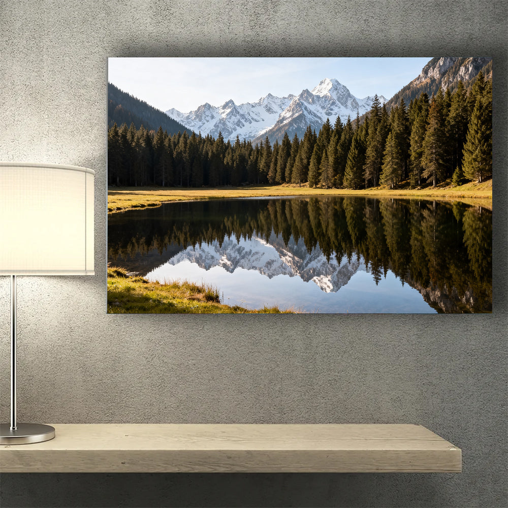 Alpine Lake Reflection canvas wall art, wall mockup above a console.