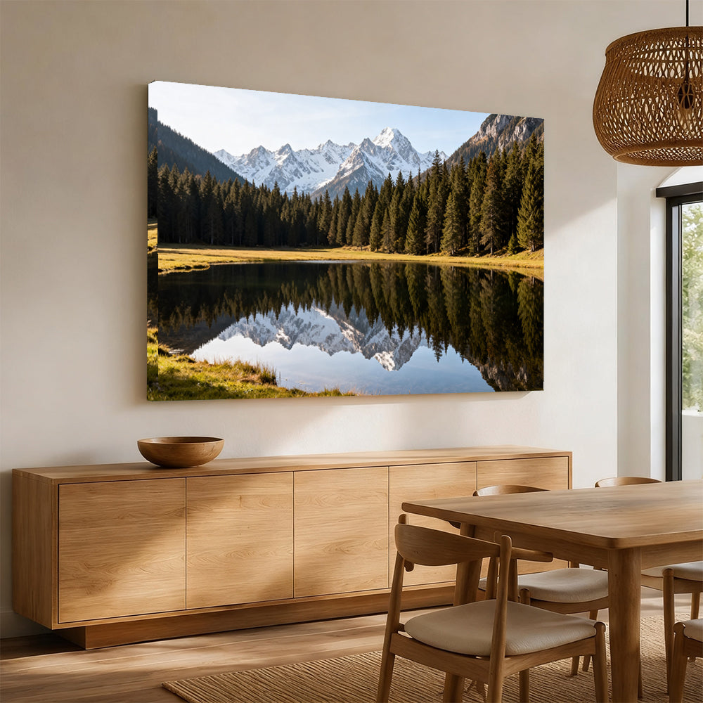 Alpine Lake Reflection canvas wall art, angled mockup above a sideboard.
