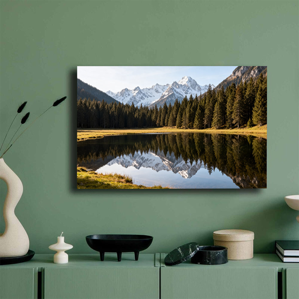 Alpine Lake Reflection canvas wall art, mockup on a green wall.