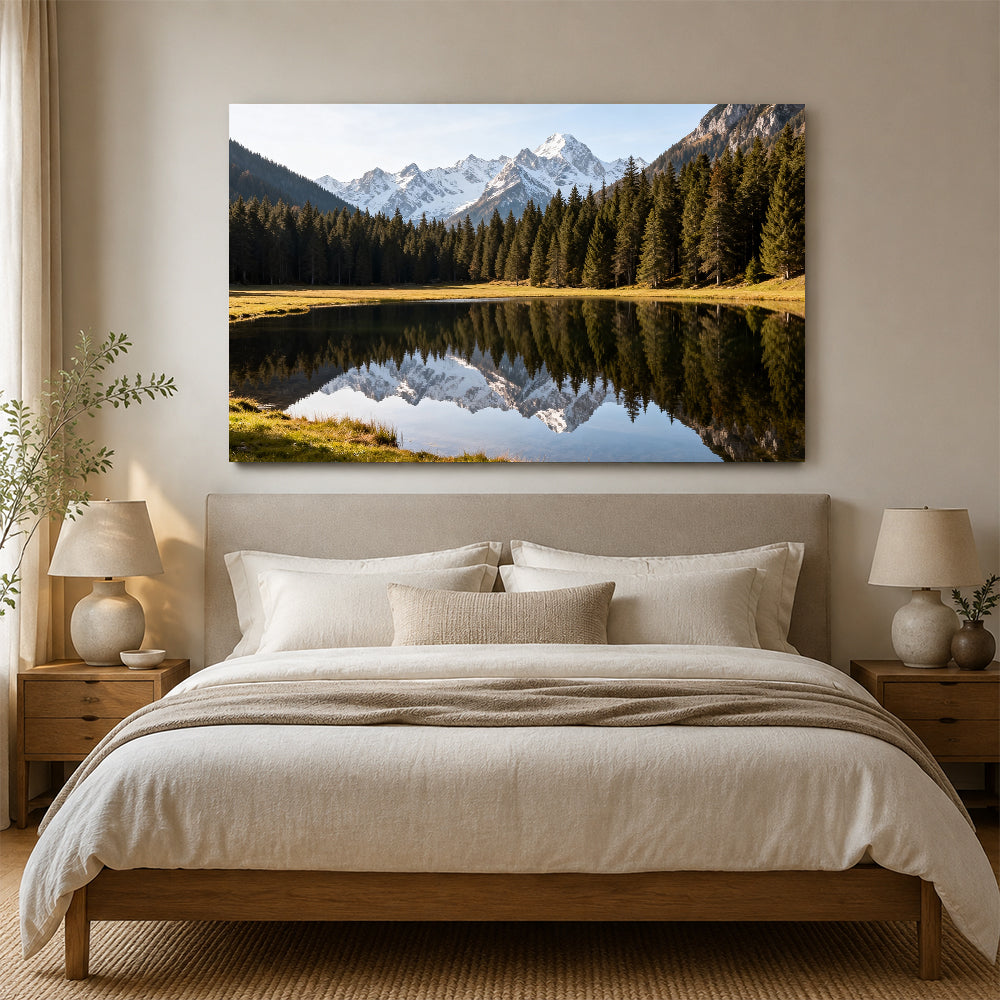 Alpine Lake Reflection canvas wall art, bedroom mockup above a bed.