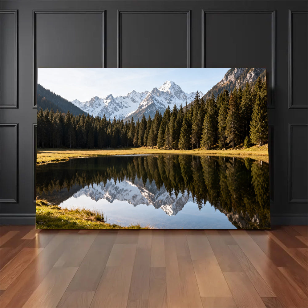 Alpine Lake Reflection canvas wall art, floor display against a dark wall.