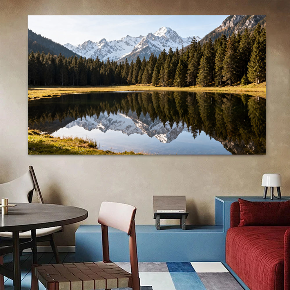 Alpine Lake Reflection canvas wall art, colorful room mockup.