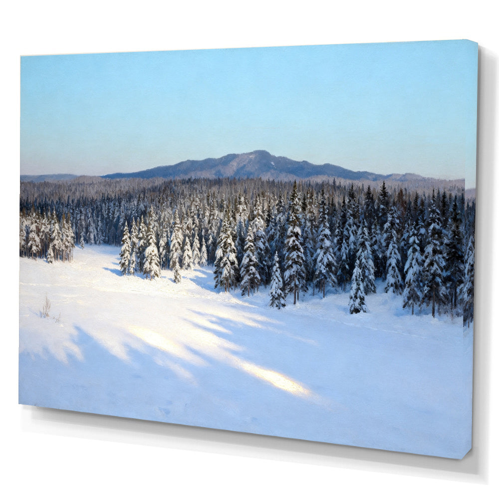 Winter Woodland Quiet canvas wall art, angled canvas mockup on a white background.
