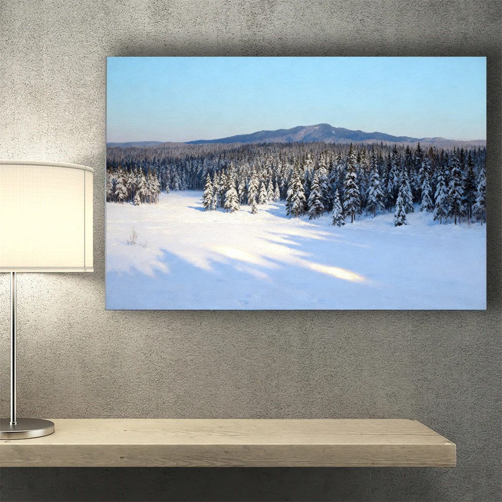 Winter Woodland Quiet canvas wall art, wall mockup above a console.